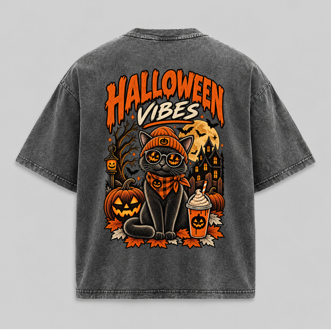 Halloween Vibes Cat – Vintage Washed Graphic T-Shirt & Hoodie