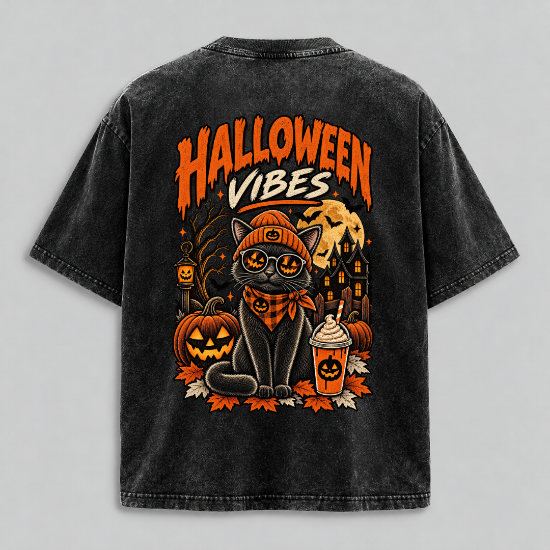 Halloween Vibes Cat – Vintage Washed Graphic T-Shirt & Hoodie