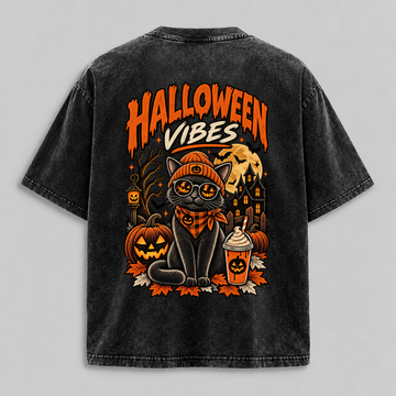 Halloween Vibes Cat – Vintage Washed Graphic T-Shirt & Hoodie