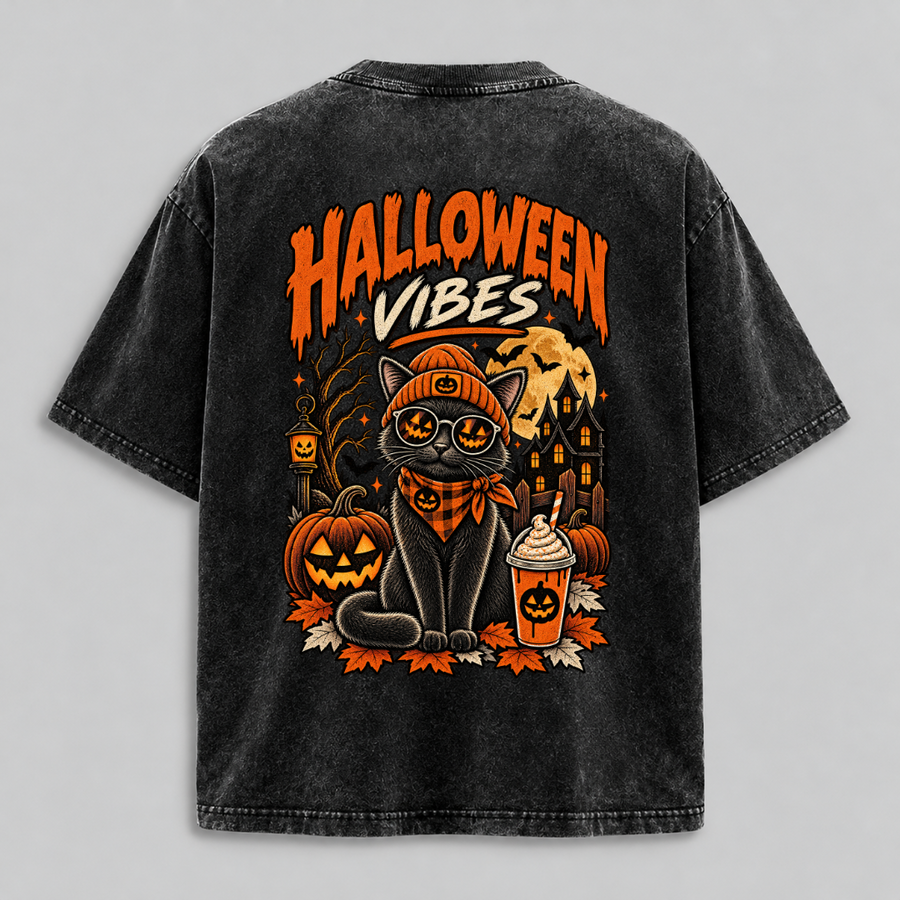 Halloween Vibes Cat – Vintage Washed Graphic T-Shirt & Hoodie