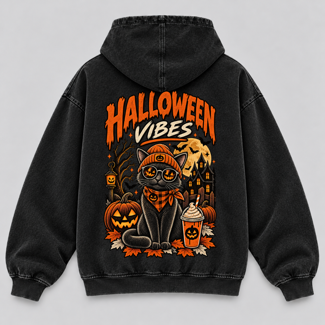 Halloween Vibes Cat – Vintage Washed Graphic T-Shirt & Hoodie