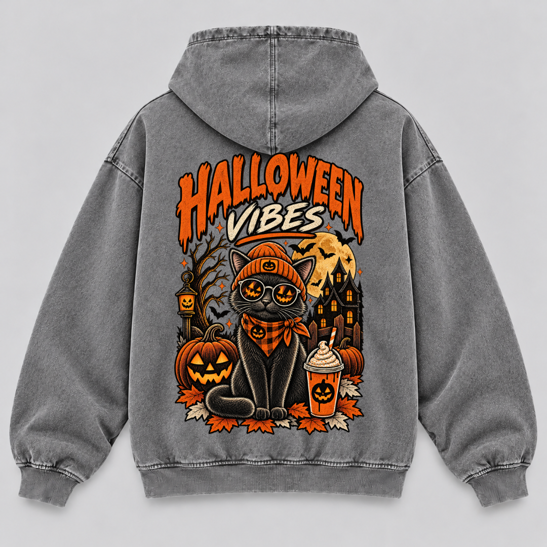 Halloween Vibes Cat – Vintage Washed Graphic T-Shirt & Hoodie