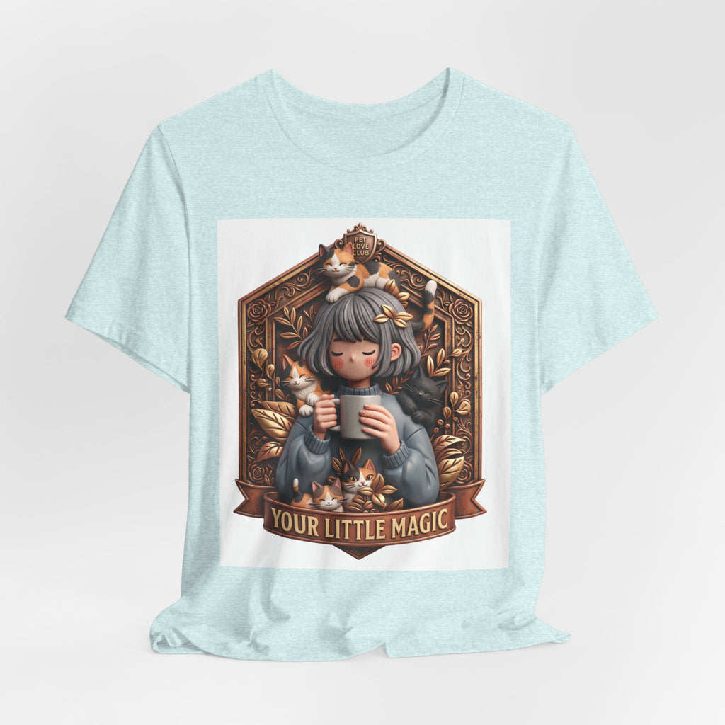 Your Little Magic tee: unisex Bella+Canvas 3001 with girl with cats badge print