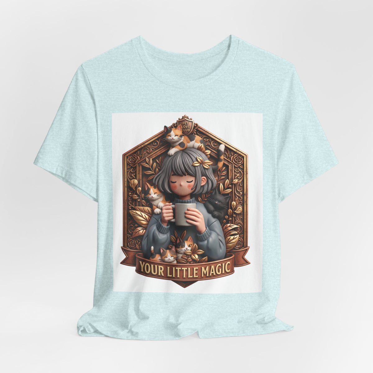 Your Little Magic tee: unisex Bella+Canvas 3001 with girl with cats badge print