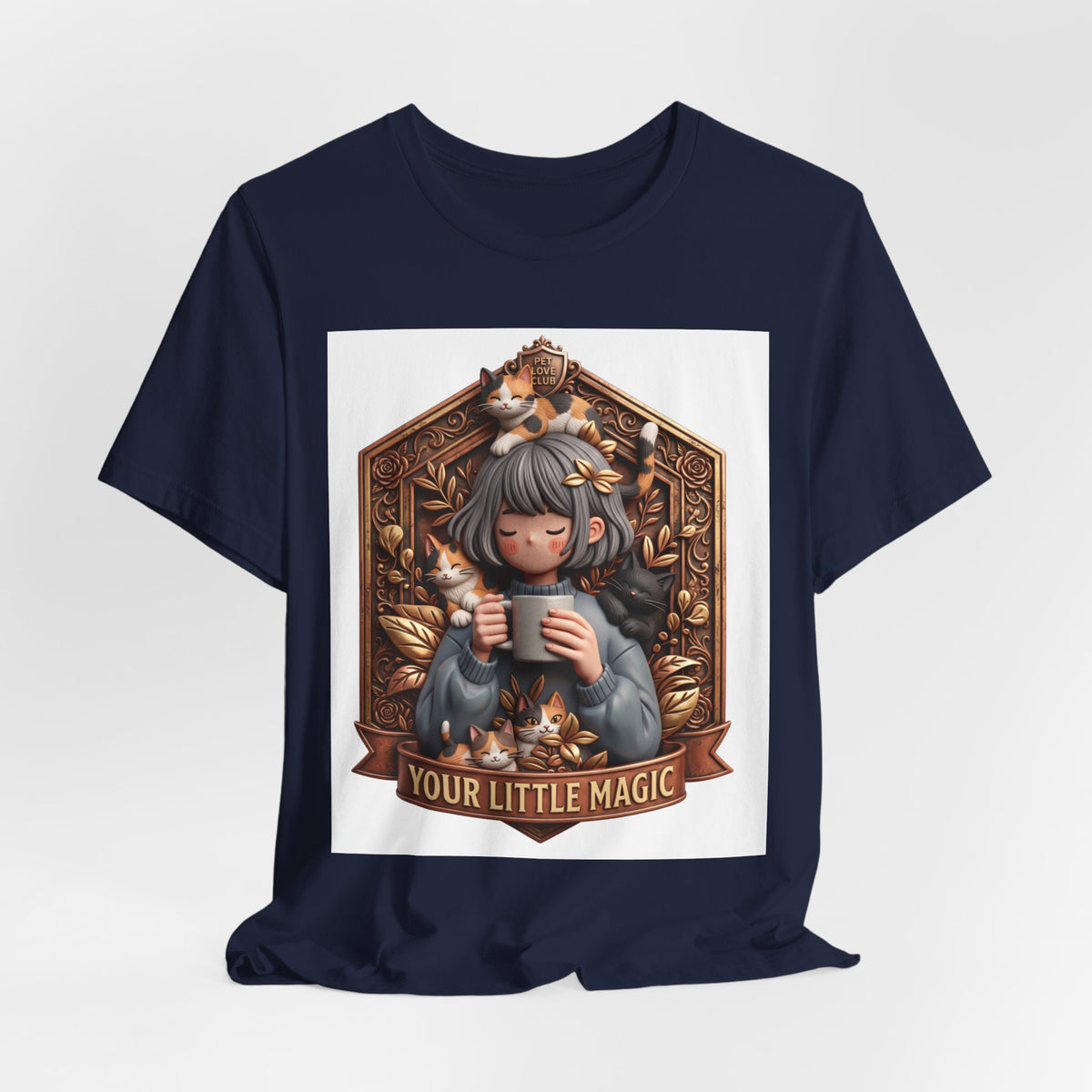 Your Little Magic tee: unisex Bella+Canvas 3001 with girl with cats badge print