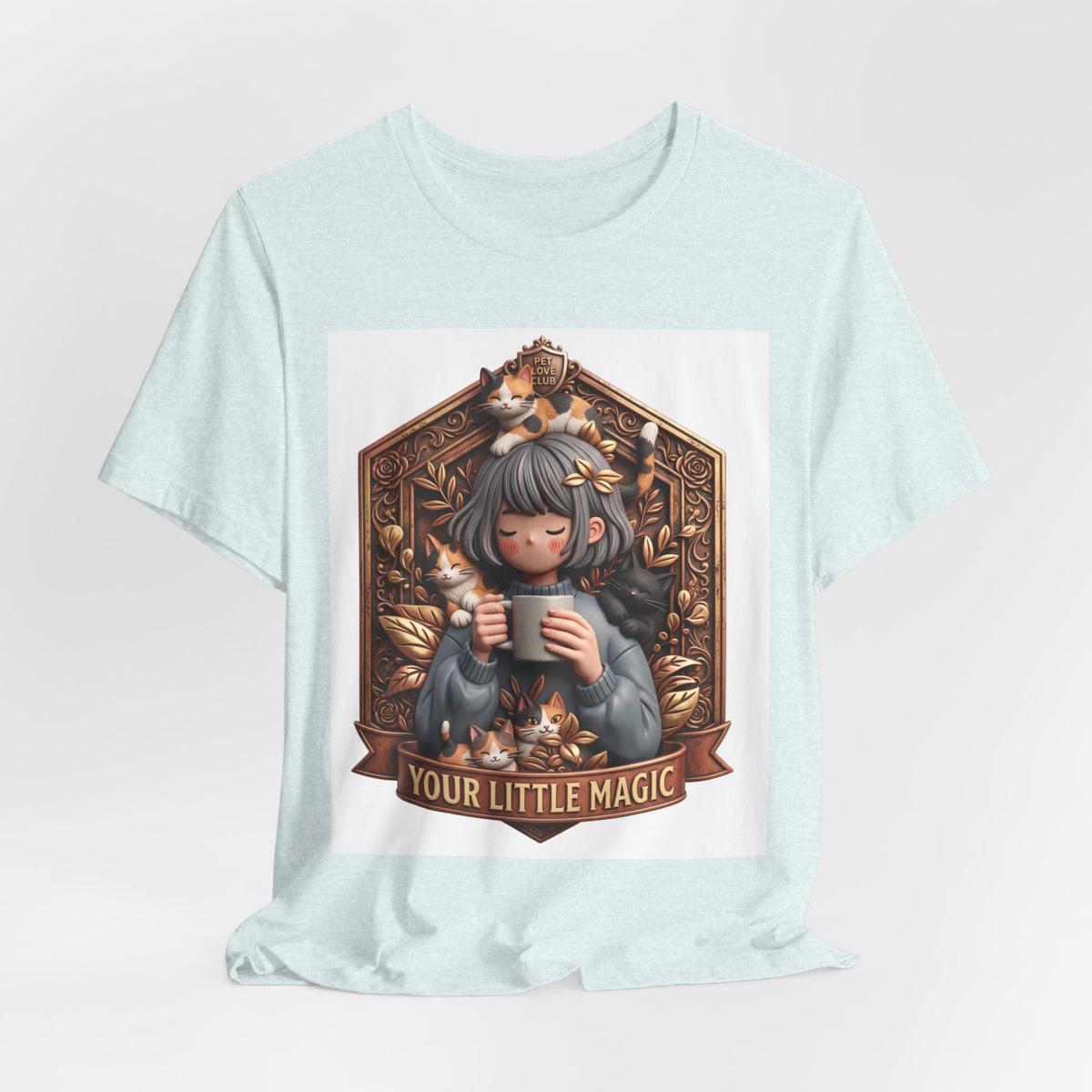 Your Little Magic tee: unisex Bella+Canvas 3001 with girl with cats badge print