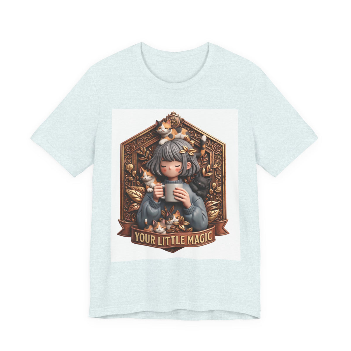 Your Little Magic tee: unisex Bella+Canvas 3001 with girl with cats badge print