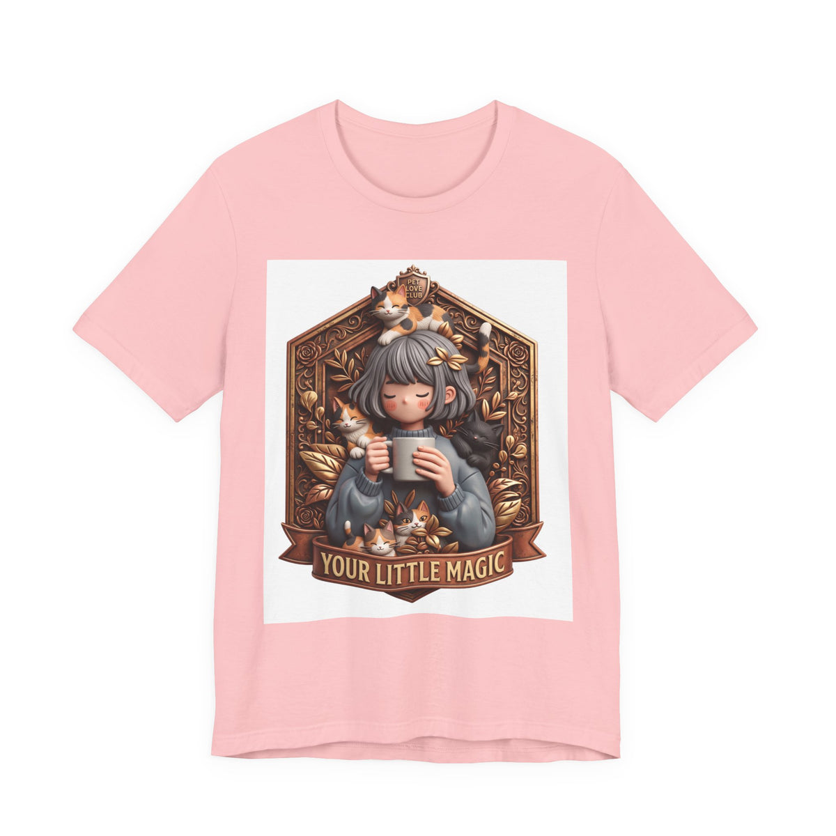 Your Little Magic tee: unisex Bella+Canvas 3001 with girl with cats badge print