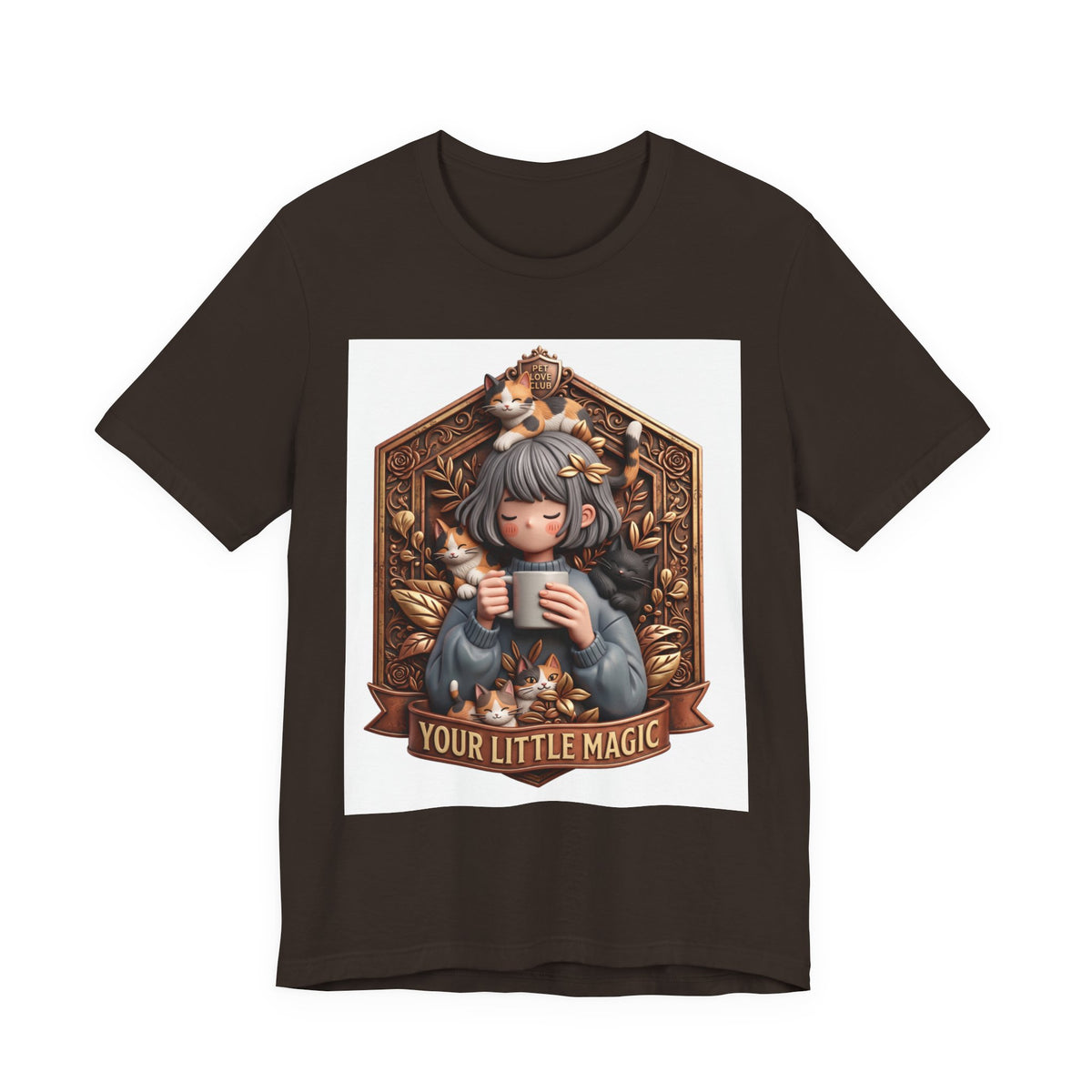 Your Little Magic tee: unisex Bella+Canvas 3001 with girl with cats badge print