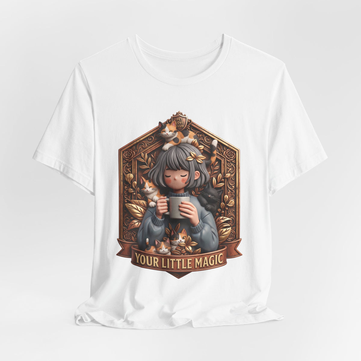 Your Little Magic tee: unisex Bella+Canvas 3001 with girl with cats badge print