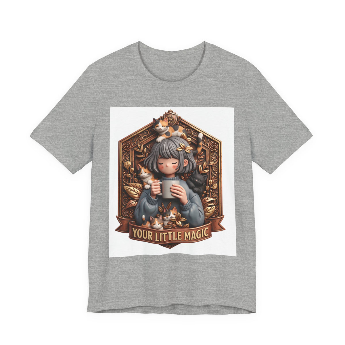 Your Little Magic tee: unisex Bella+Canvas 3001 with girl with cats badge print