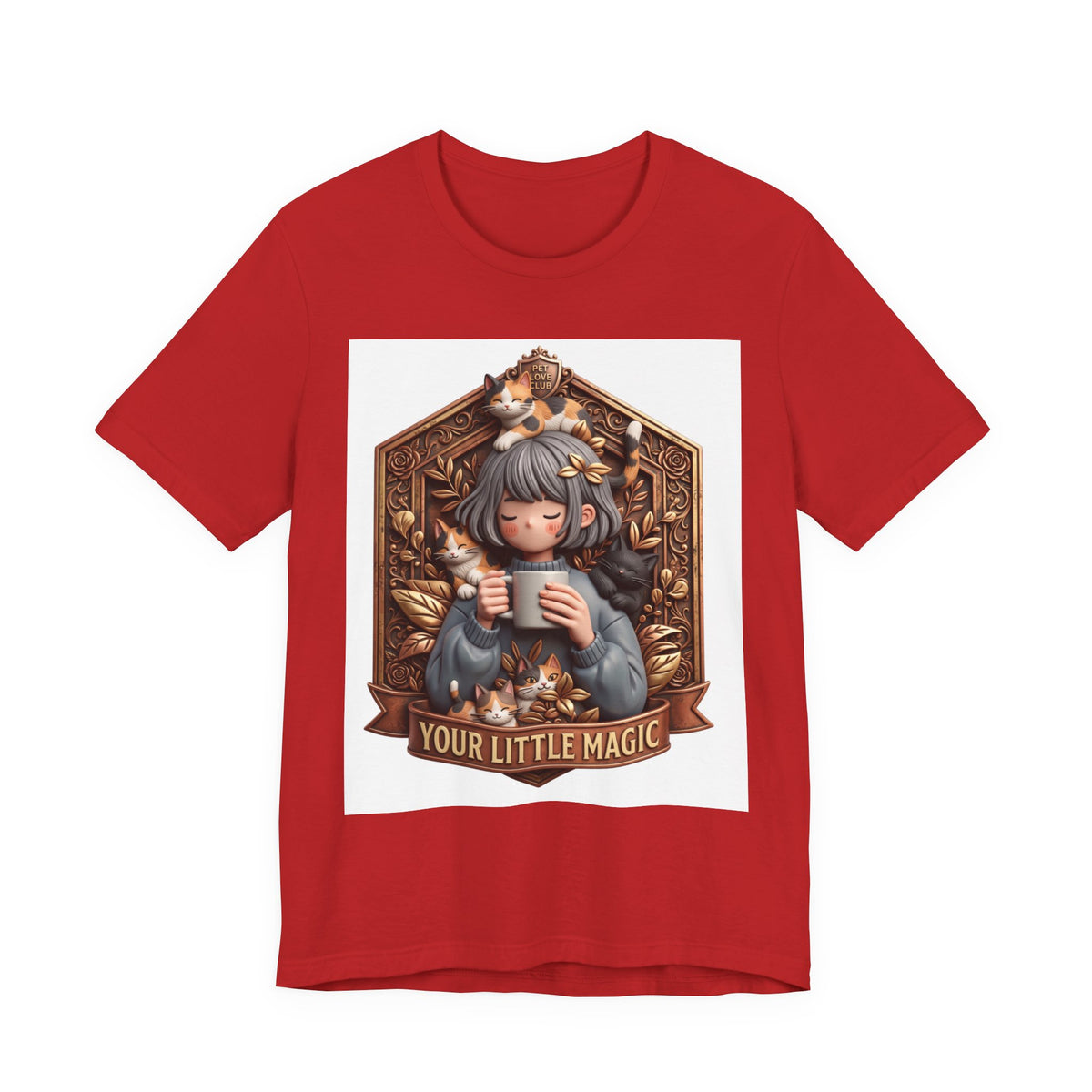 Your Little Magic tee: unisex Bella+Canvas 3001 with girl with cats badge print