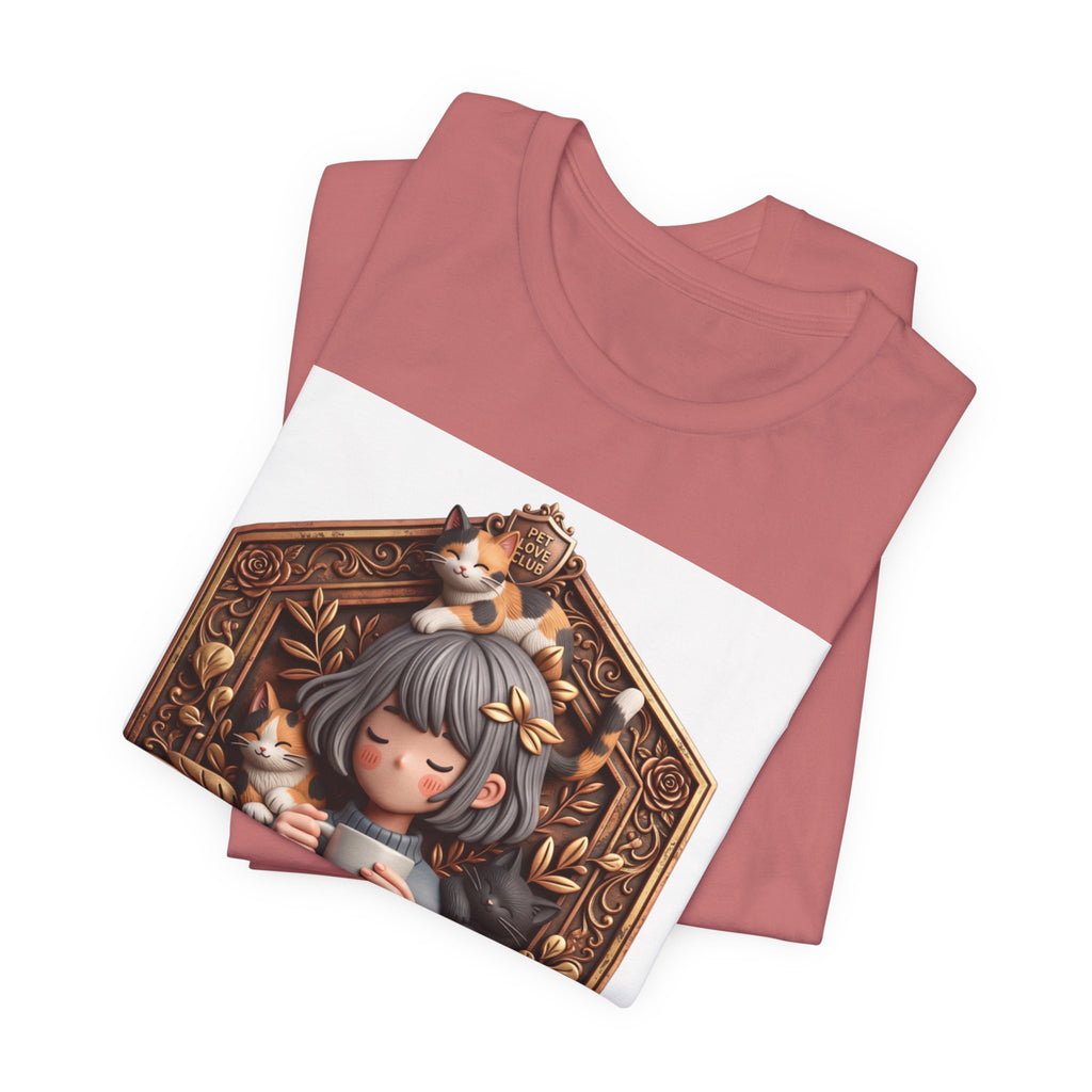 Your Little Magic tee: unisex Bella+Canvas 3001 with girl with cats badge print