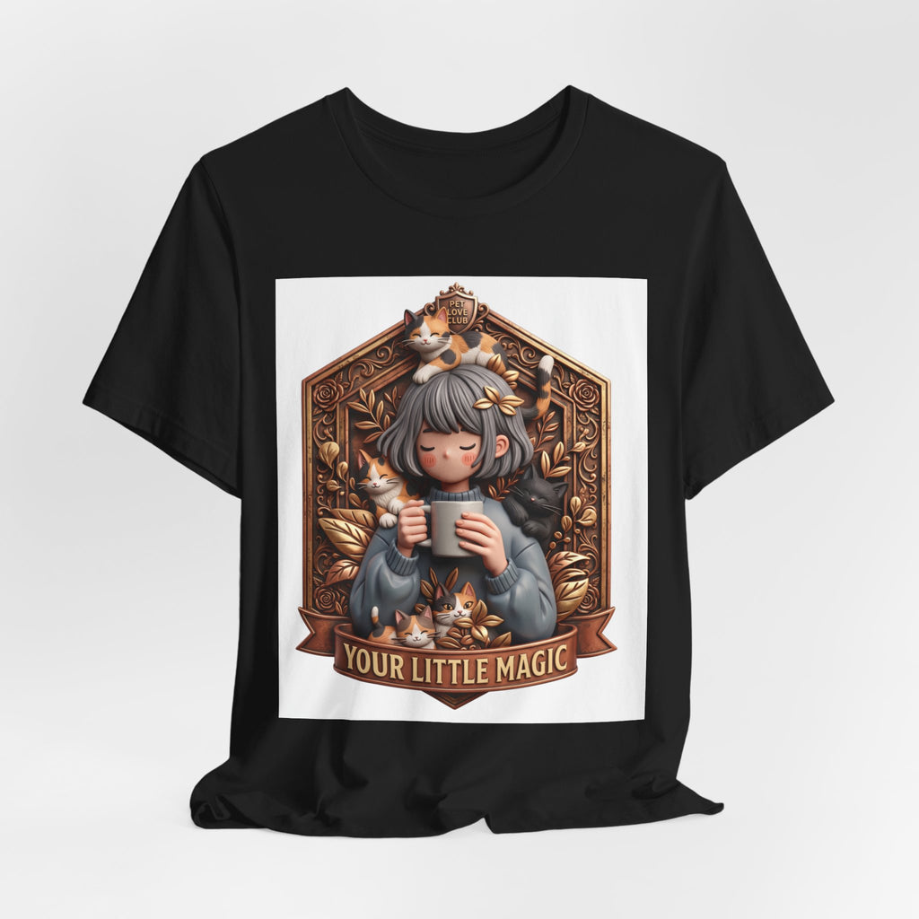 Your Little Magic tee: unisex Bella+Canvas 3001 with girl with cats badge print
