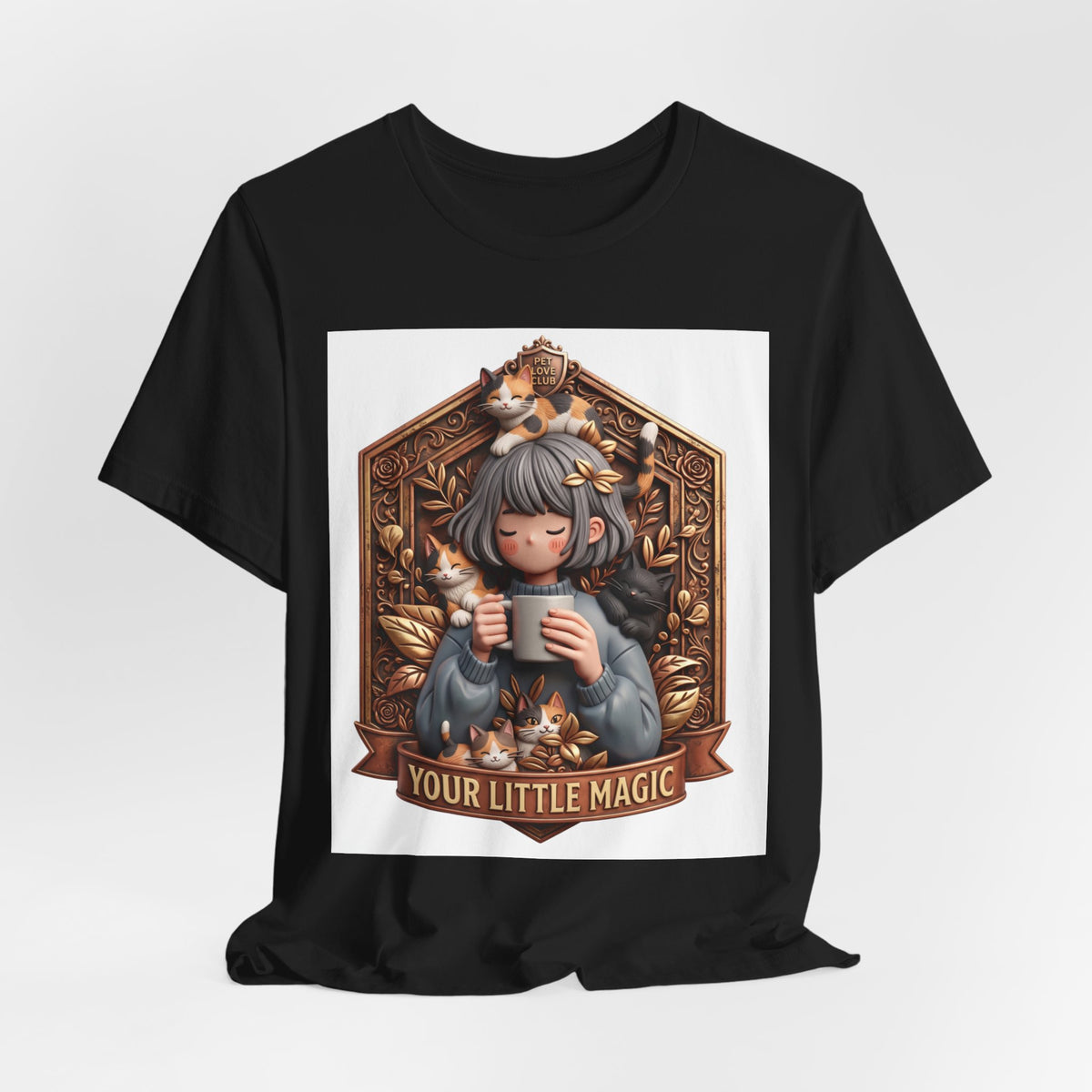Your Little Magic tee: unisex Bella+Canvas 3001 with girl with cats badge print