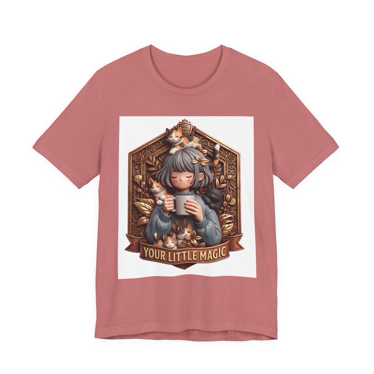 Your Little Magic tee: folded detail of the girl with cats badge print