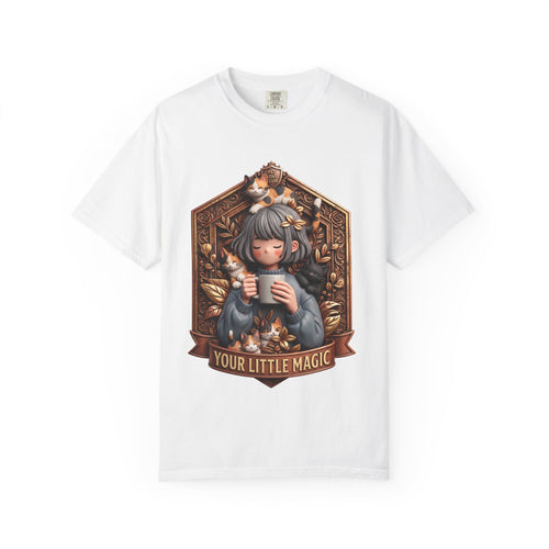 Your Little Magic Comfort Colors 1717 tee, White: girl with cats badge print, front view