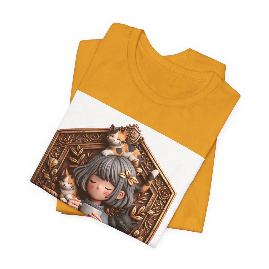Your Little Magic tee: unisex Bella+Canvas 3001 with girl with cats badge print