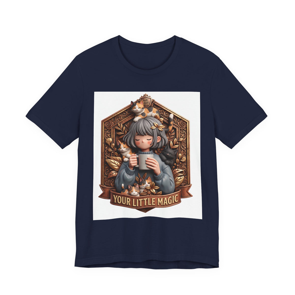 Your Little Magic tee: unisex Bella+Canvas 3001 with girl with cats badge print
