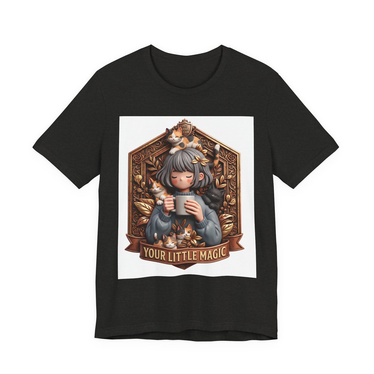 Your Little Magic tee: unisex Bella+Canvas 3001 with girl with cats badge print