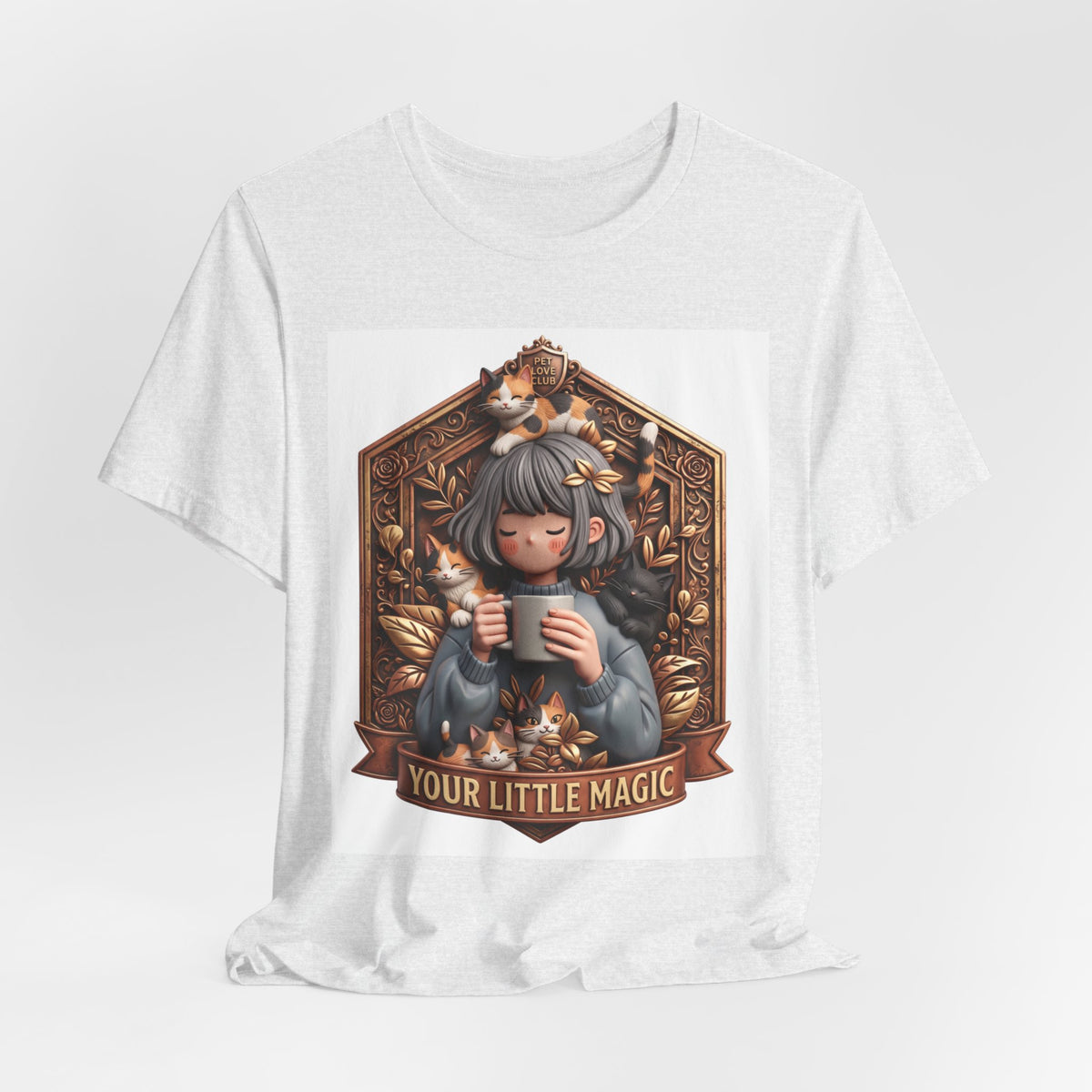 Your Little Magic tee: unisex Bella+Canvas 3001 with girl with cats badge print