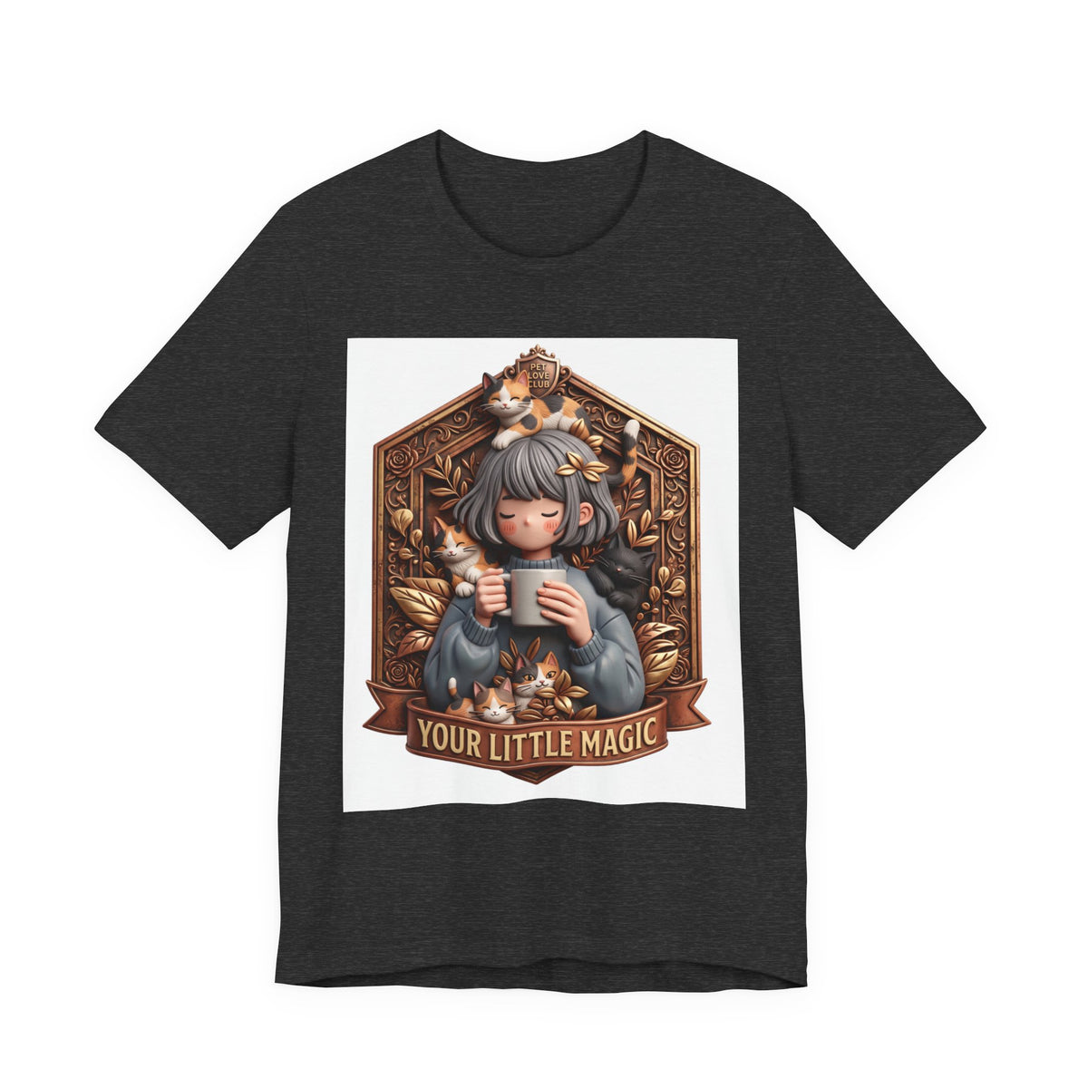 Your Little Magic tee: unisex Bella+Canvas 3001 with girl with cats badge print