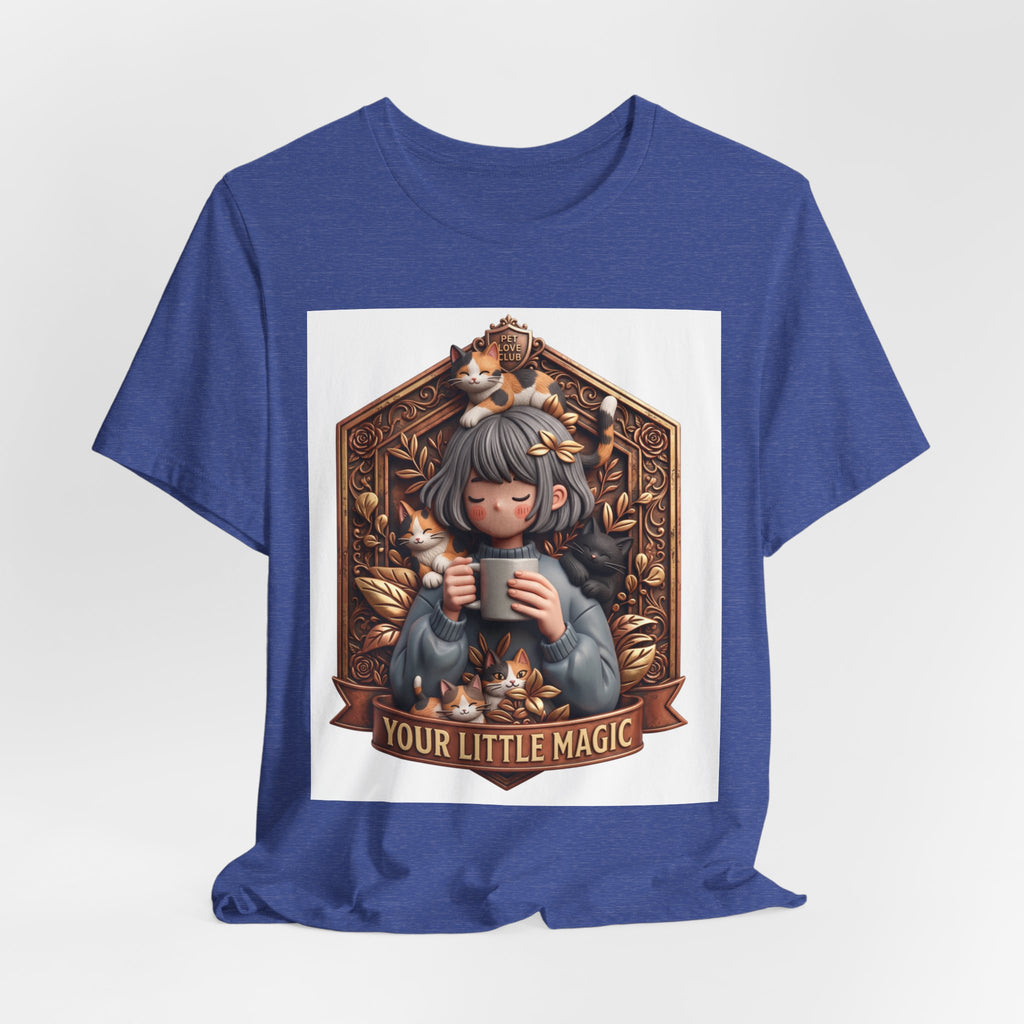 Your Little Magic tee: unisex Bella+Canvas 3001 with girl with cats badge print
