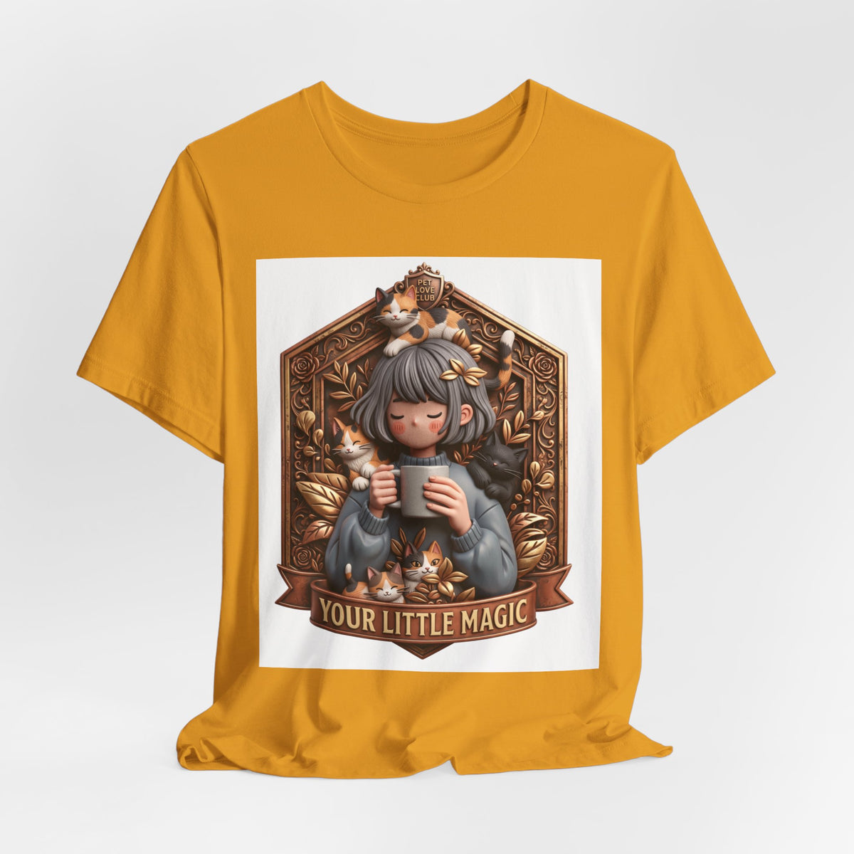 Your Little Magic tee: unisex Bella+Canvas 3001 with girl with cats badge print