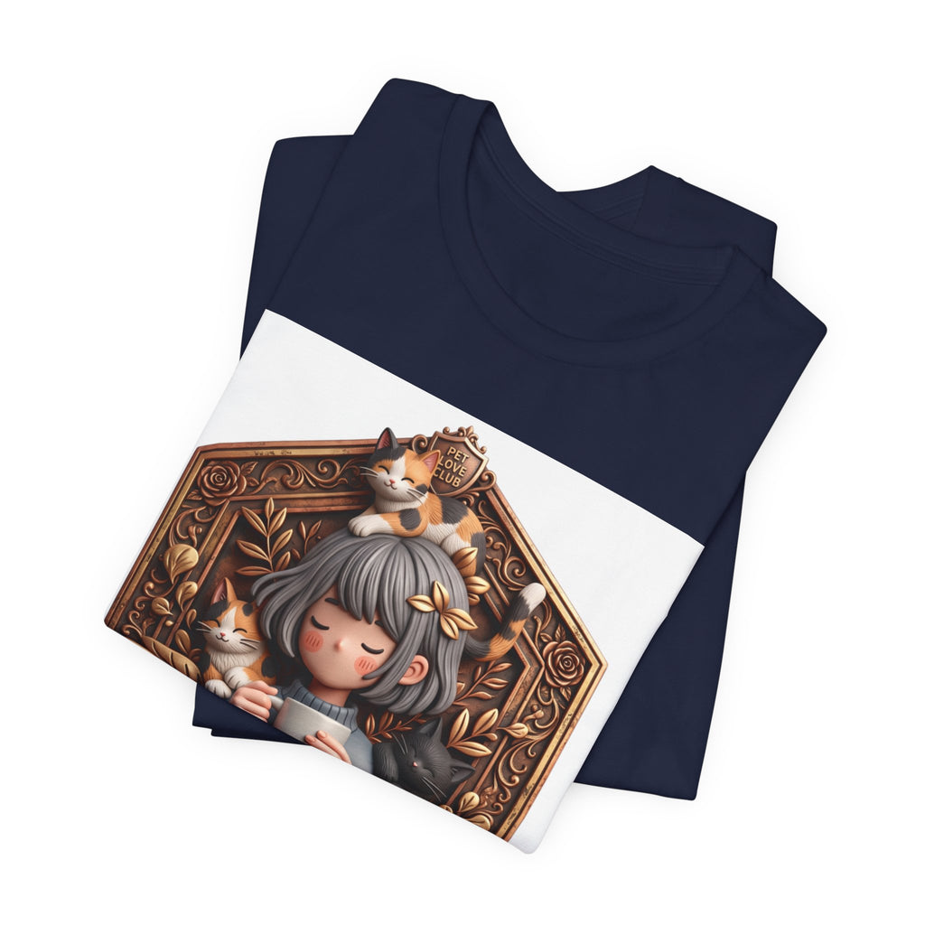 Your Little Magic tee: unisex Bella+Canvas 3001 with girl with cats badge print