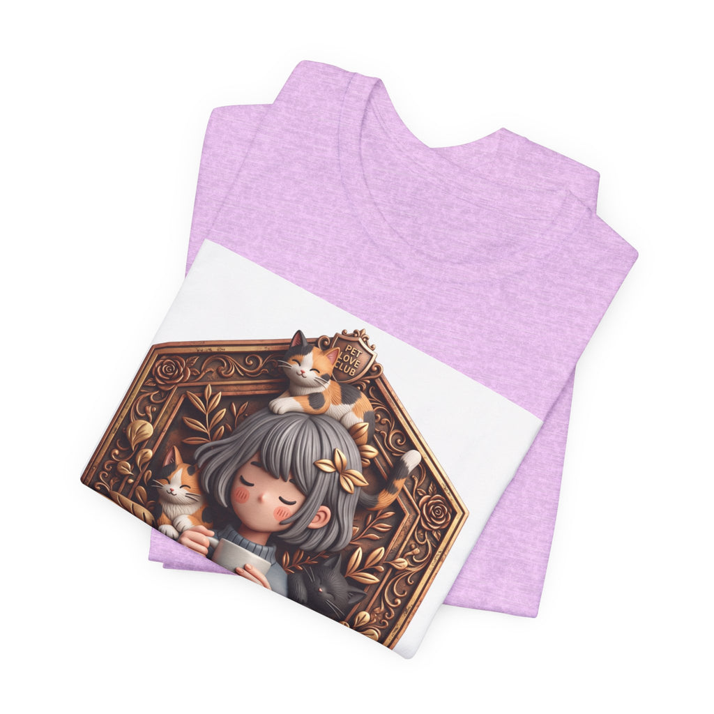 Your Little Magic tee: unisex Bella+Canvas 3001 with girl with cats badge print