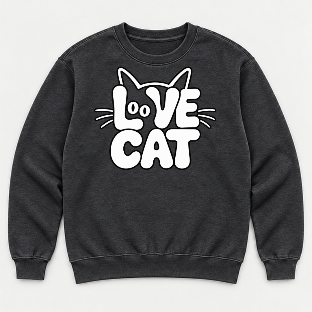 Love Cat Typography Graphic - Washed T-Shirt, Hoodie & Sweatshirt