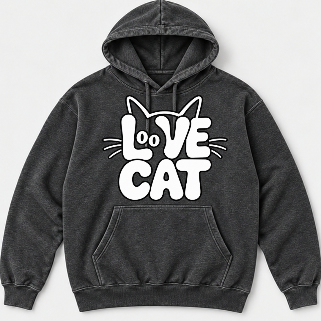 Love Cat Typography Graphic - Washed T-Shirt, Hoodie & Sweatshirt