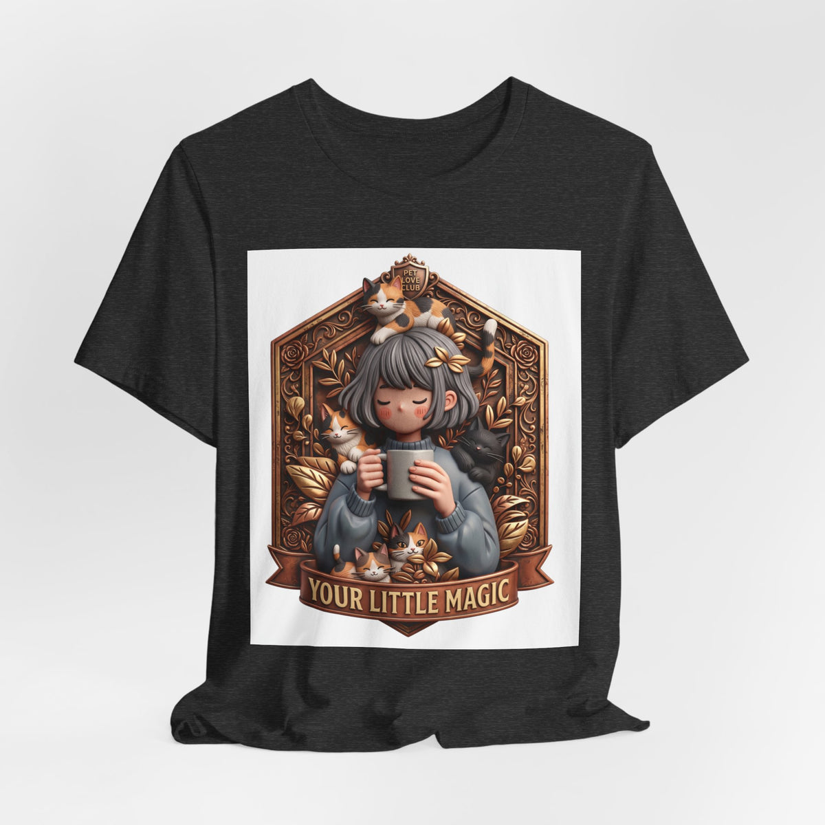 Your Little Magic tee: unisex Bella+Canvas 3001 with girl with cats badge print