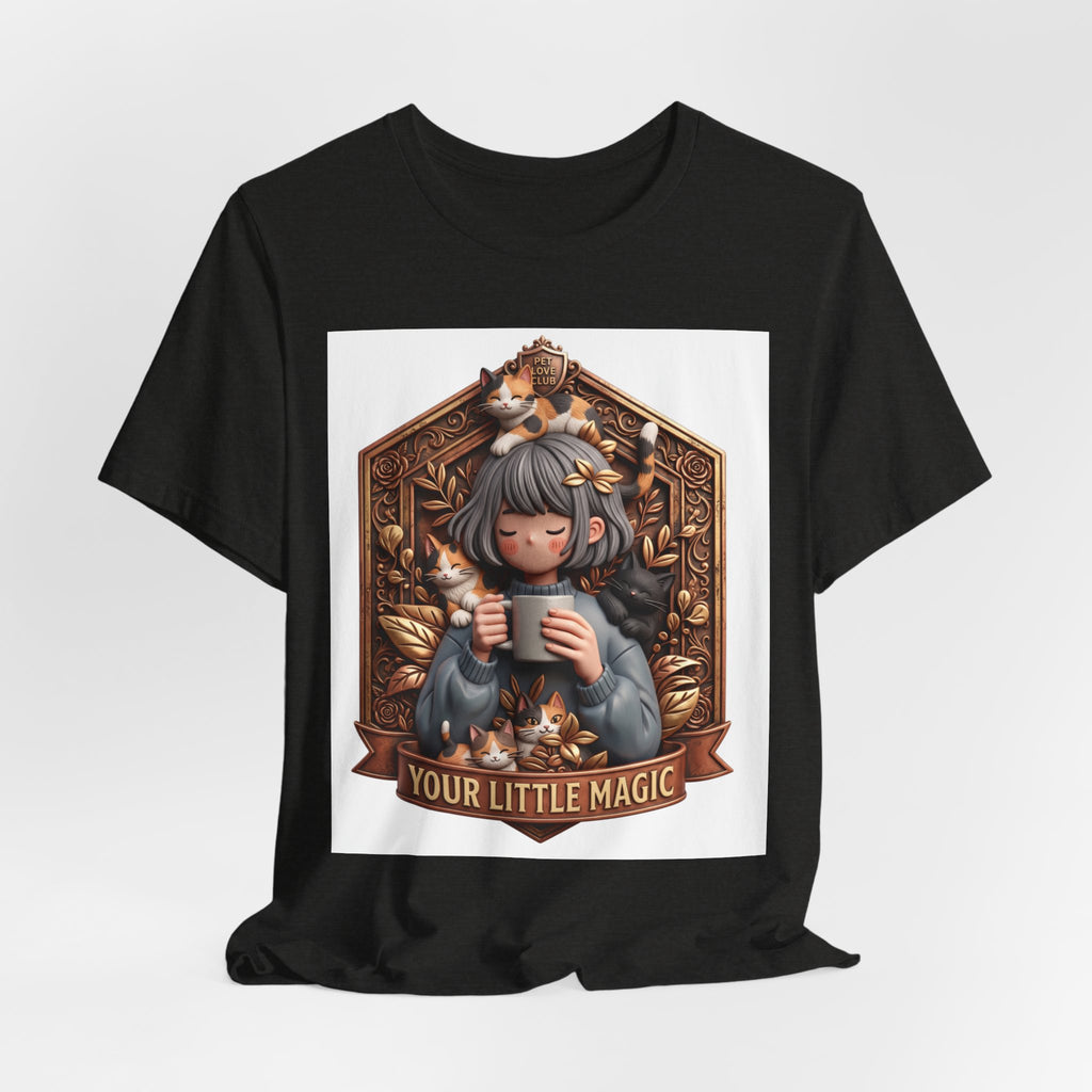 Your Little Magic tee: unisex Bella+Canvas 3001 with girl with cats badge print