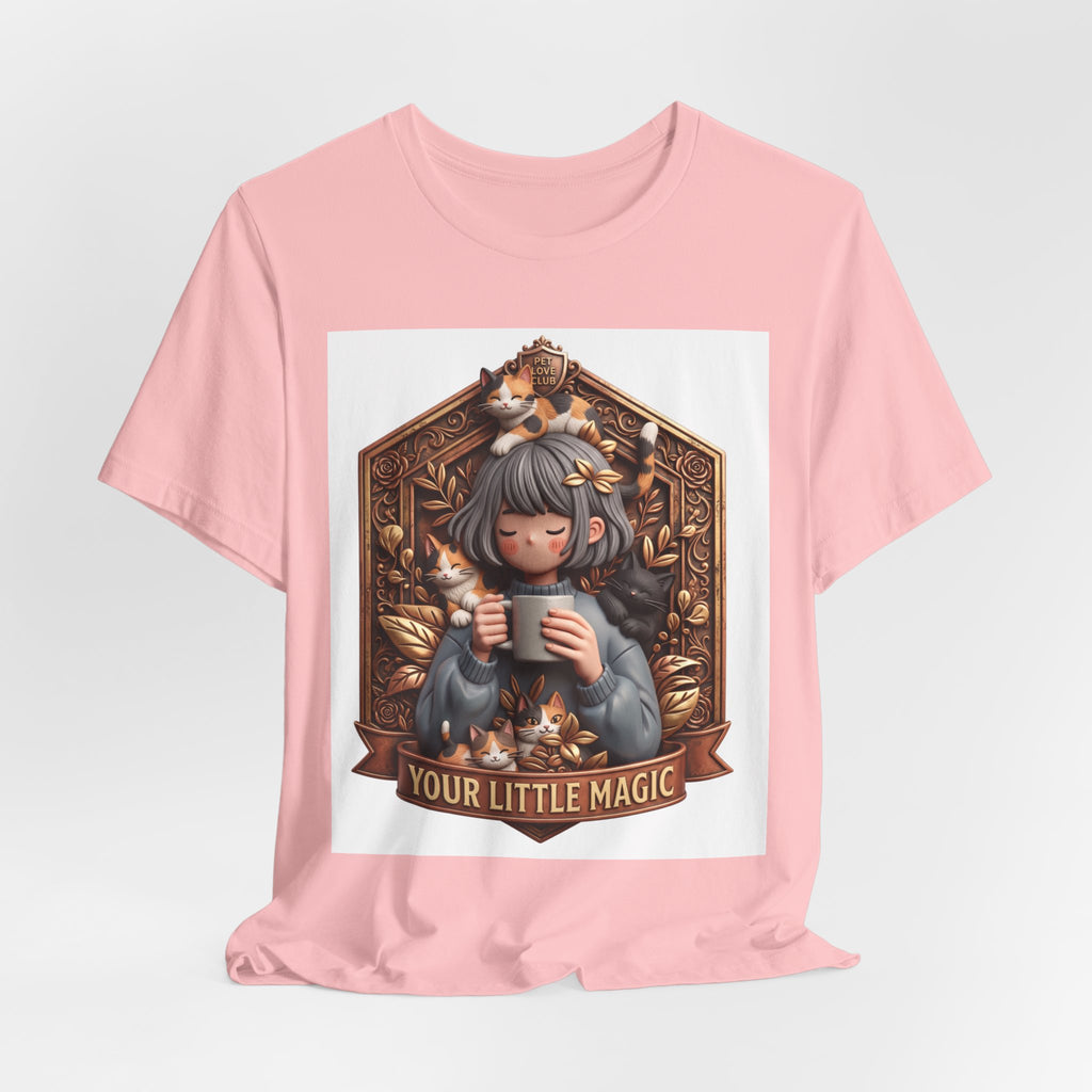 Your Little Magic tee: unisex Bella+Canvas 3001 with girl with cats badge print