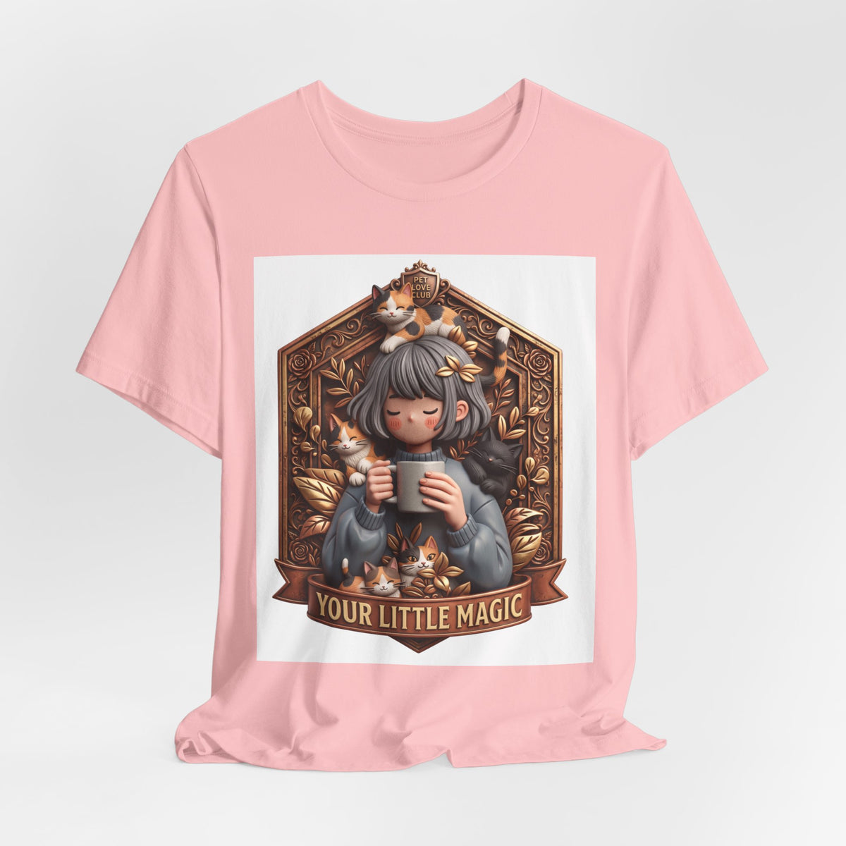 Your Little Magic tee: unisex Bella+Canvas 3001 with girl with cats badge print