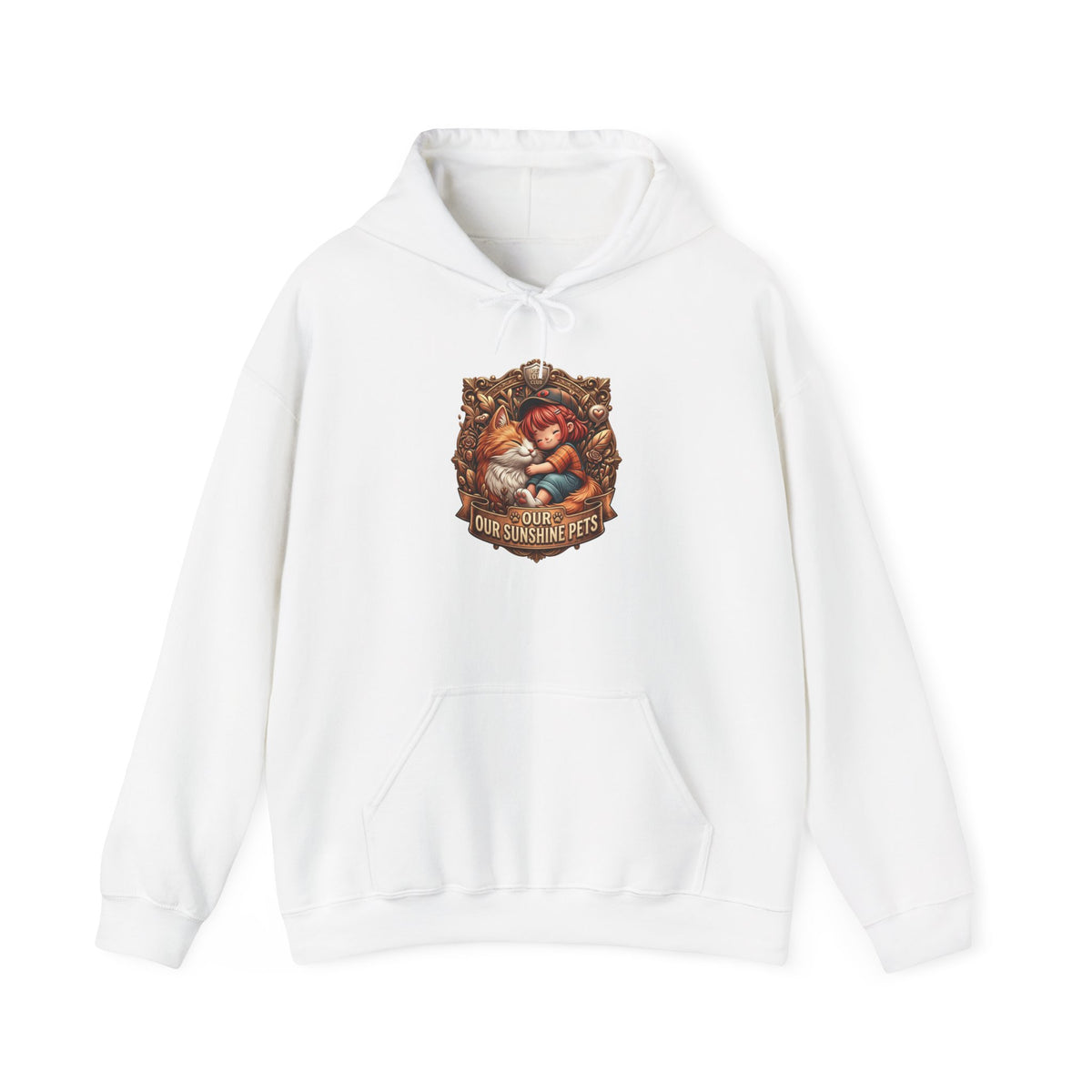 Our Sunshine Pets hoodie, White: child hugging a cat badge print on a Gildan 18500 unisex hoodie, front view