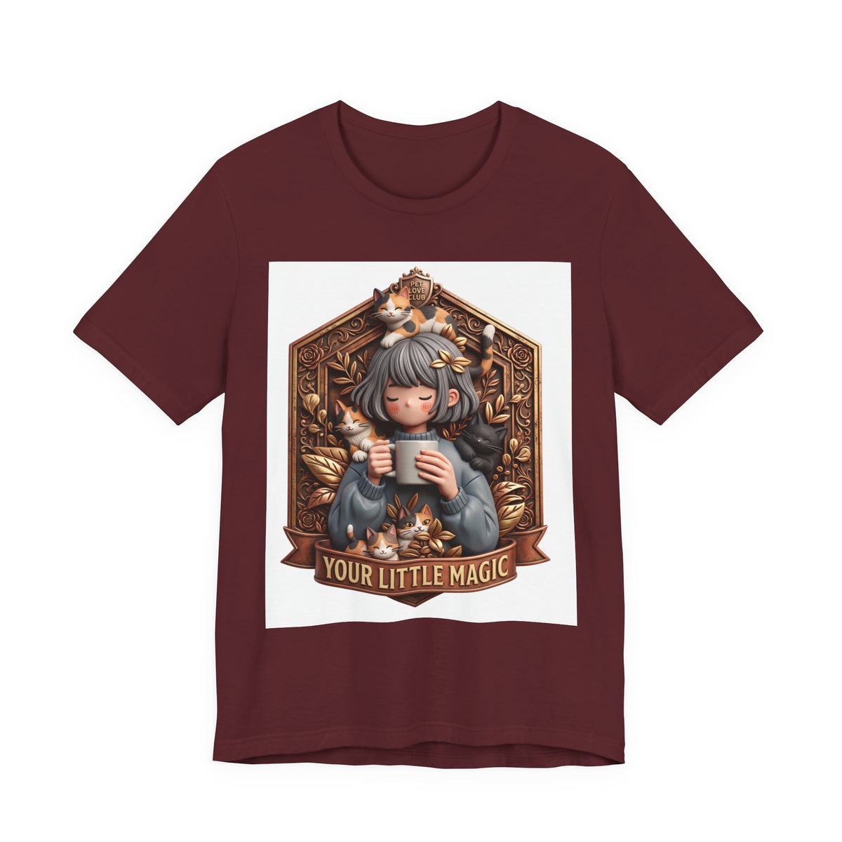 Your Little Magic tee: unisex Bella+Canvas 3001 with girl with cats badge print