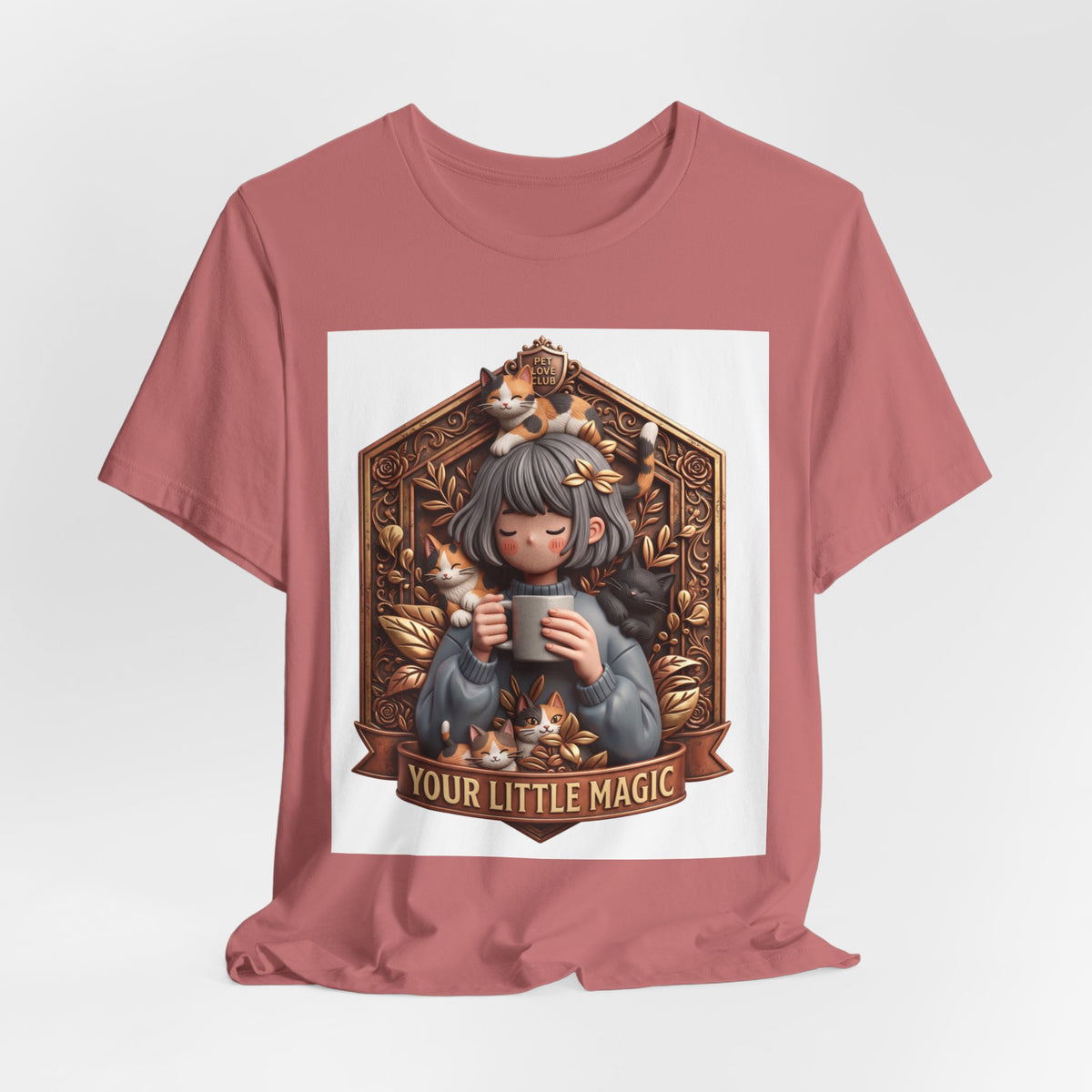 Your Little Magic tee: unisex Bella+Canvas 3001 with girl with cats badge print
