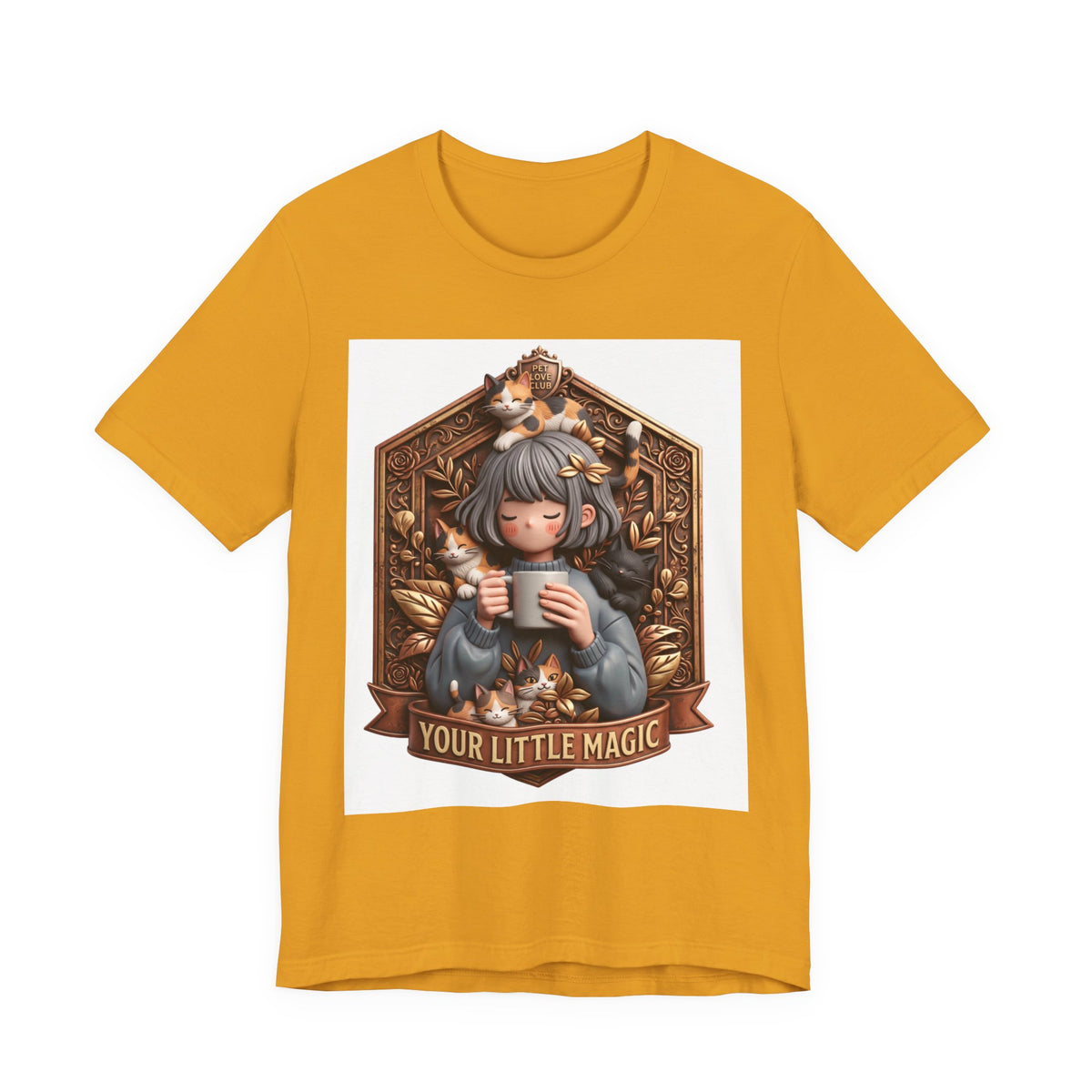 Your Little Magic tee: unisex Bella+Canvas 3001 with girl with cats badge print