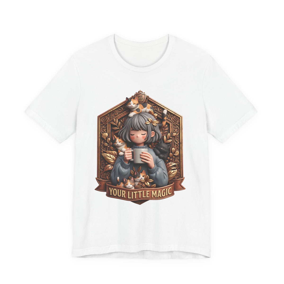 Your Little Magic tee, Black: girl with cats badge print on a Bella+Canvas 3001 unisex t-shirt, front view