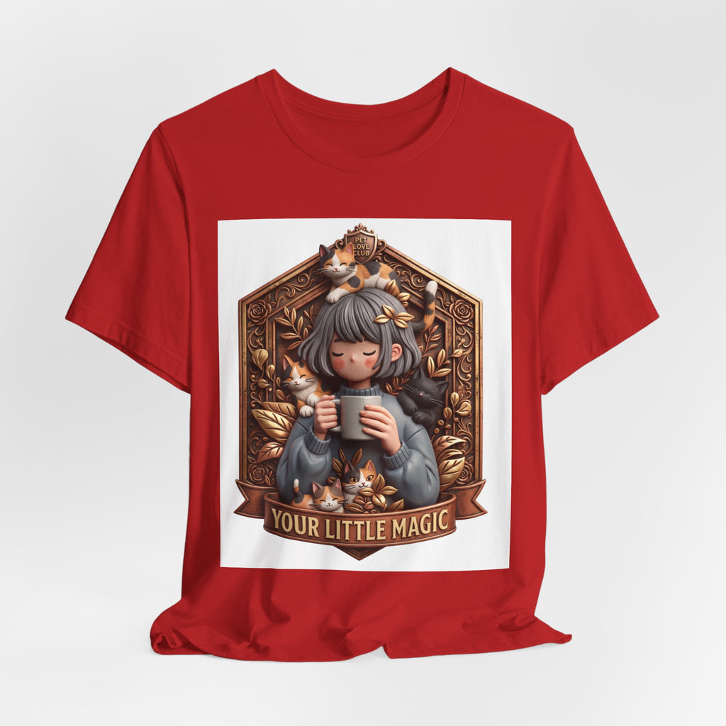Your Little Magic tee: unisex Bella+Canvas 3001 with girl with cats badge print