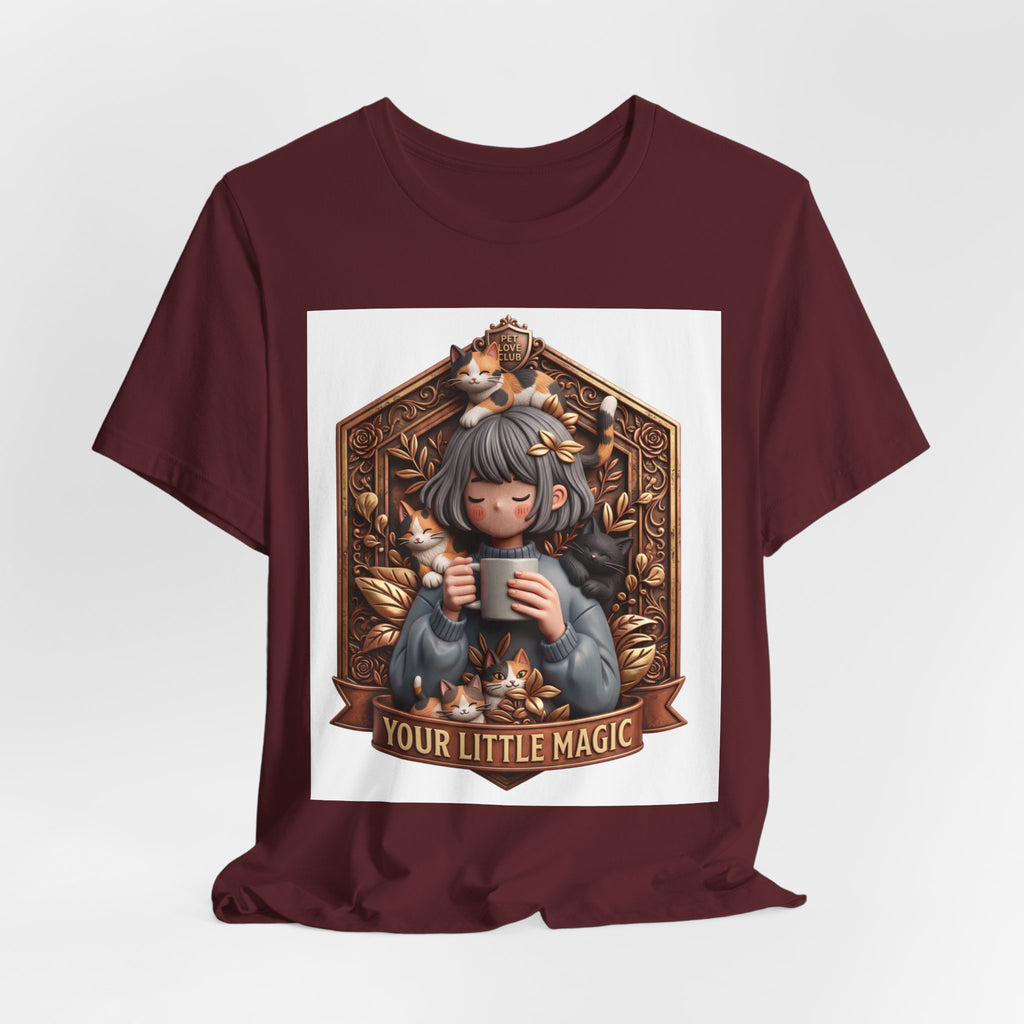 Your Little Magic tee: unisex Bella+Canvas 3001 with girl with cats badge print