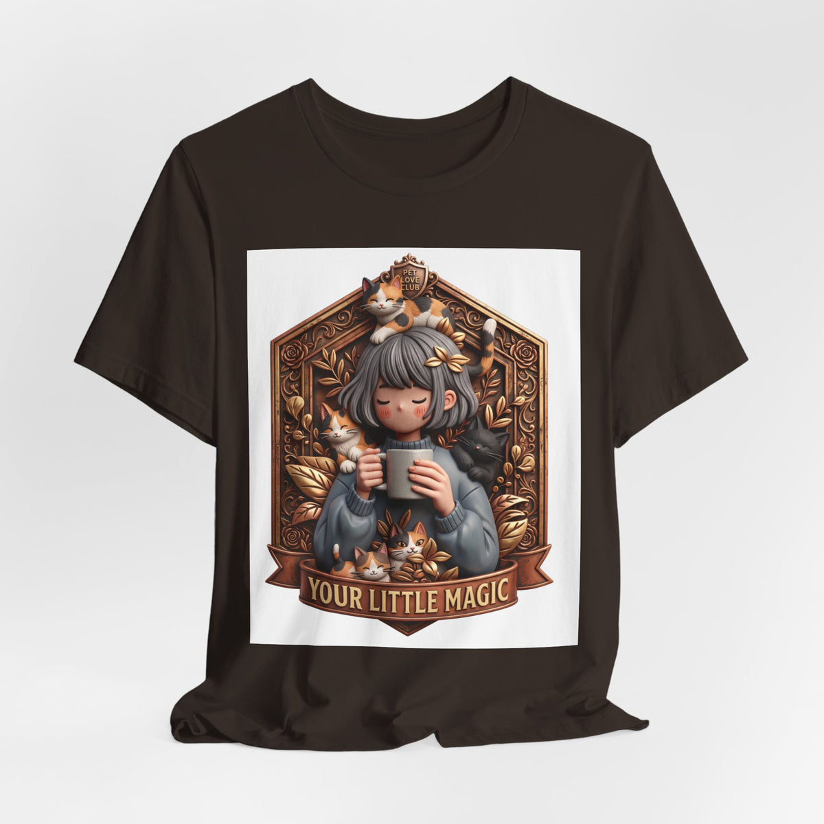 Your Little Magic tee: unisex Bella+Canvas 3001 with girl with cats badge print