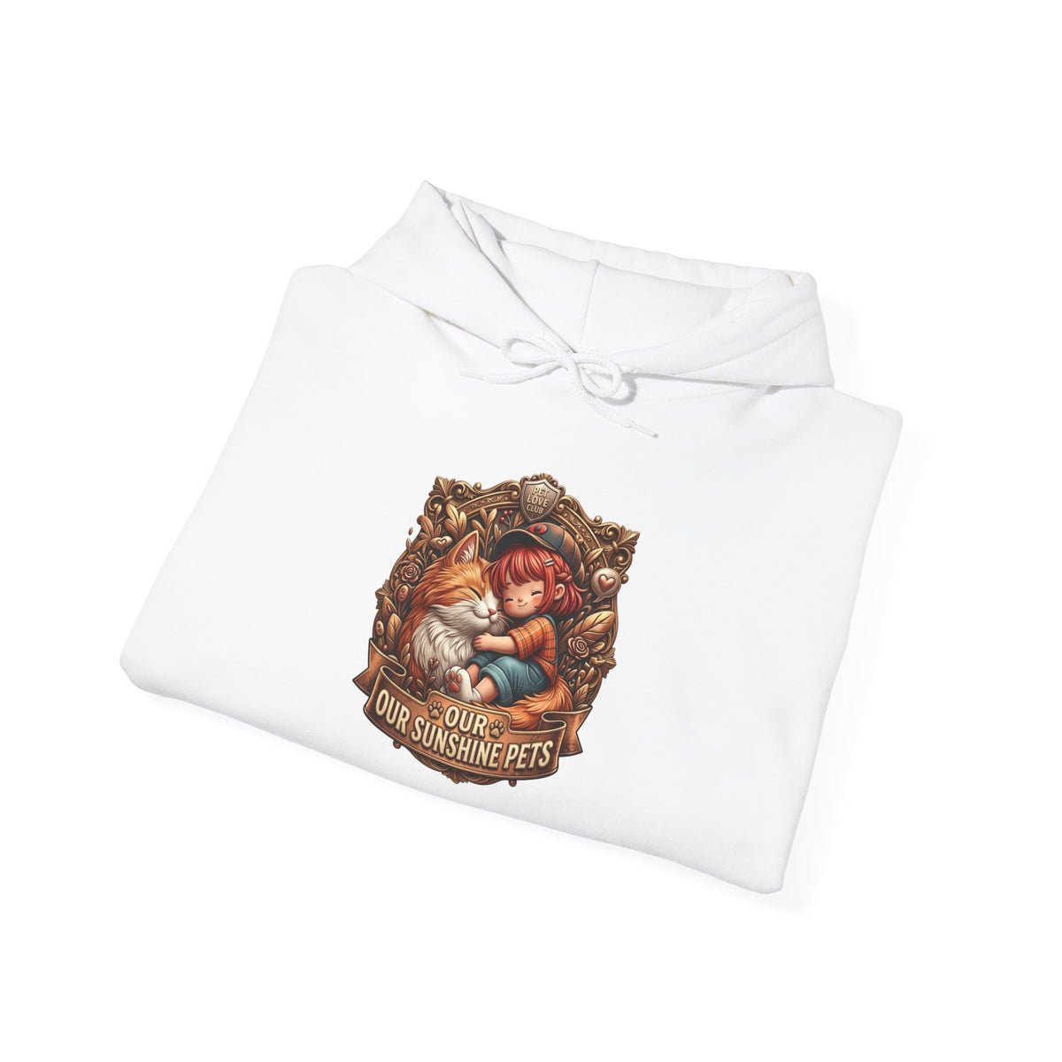 Our Sunshine Pets hoodie: folded detail of the child hugging a cat badge print