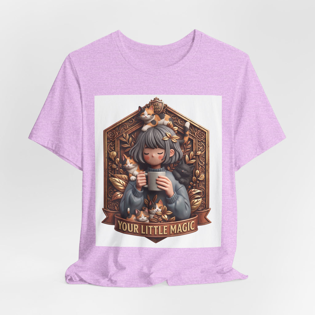Your Little Magic tee: unisex Bella+Canvas 3001 with girl with cats badge print
