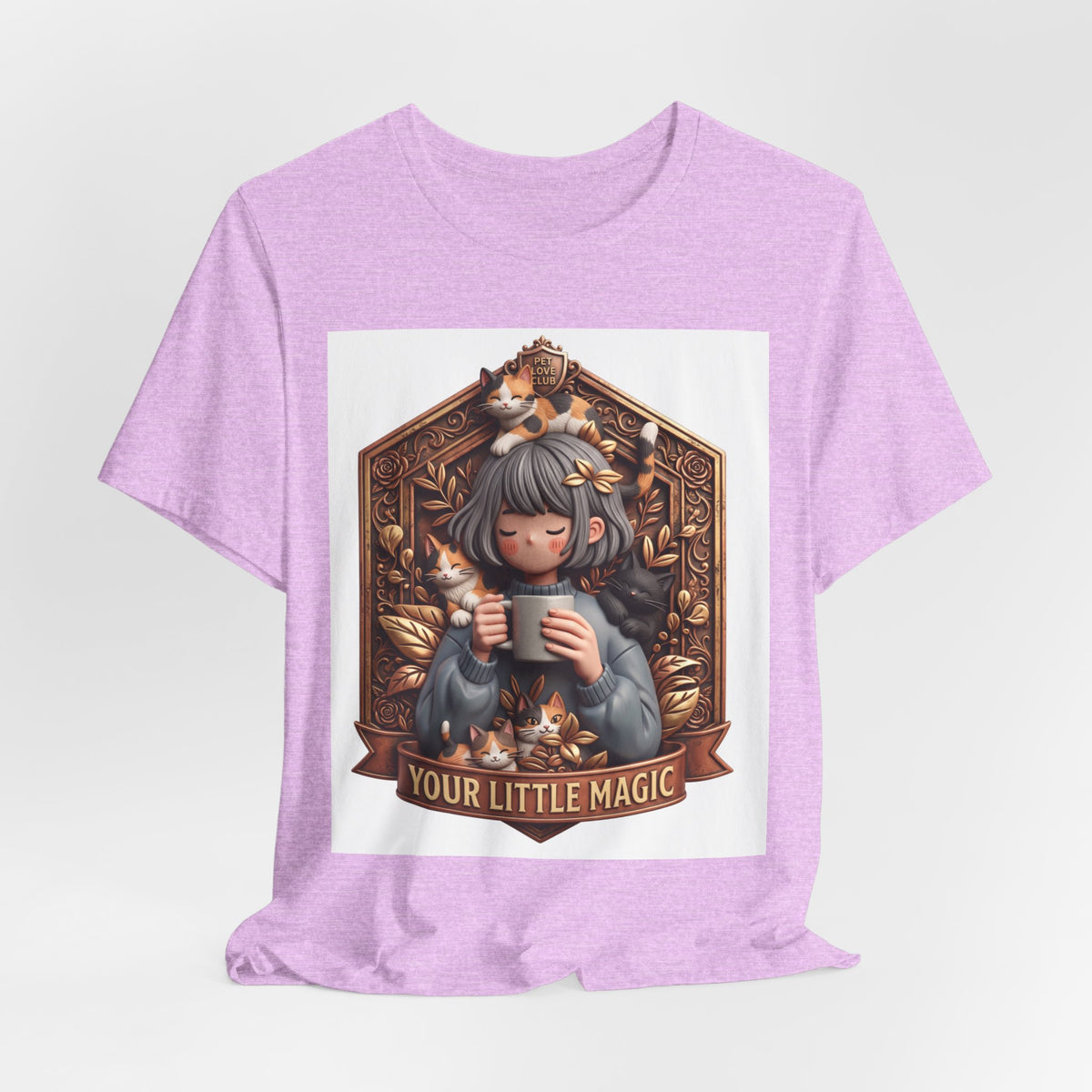 Your Little Magic tee: unisex Bella+Canvas 3001 with girl with cats badge print