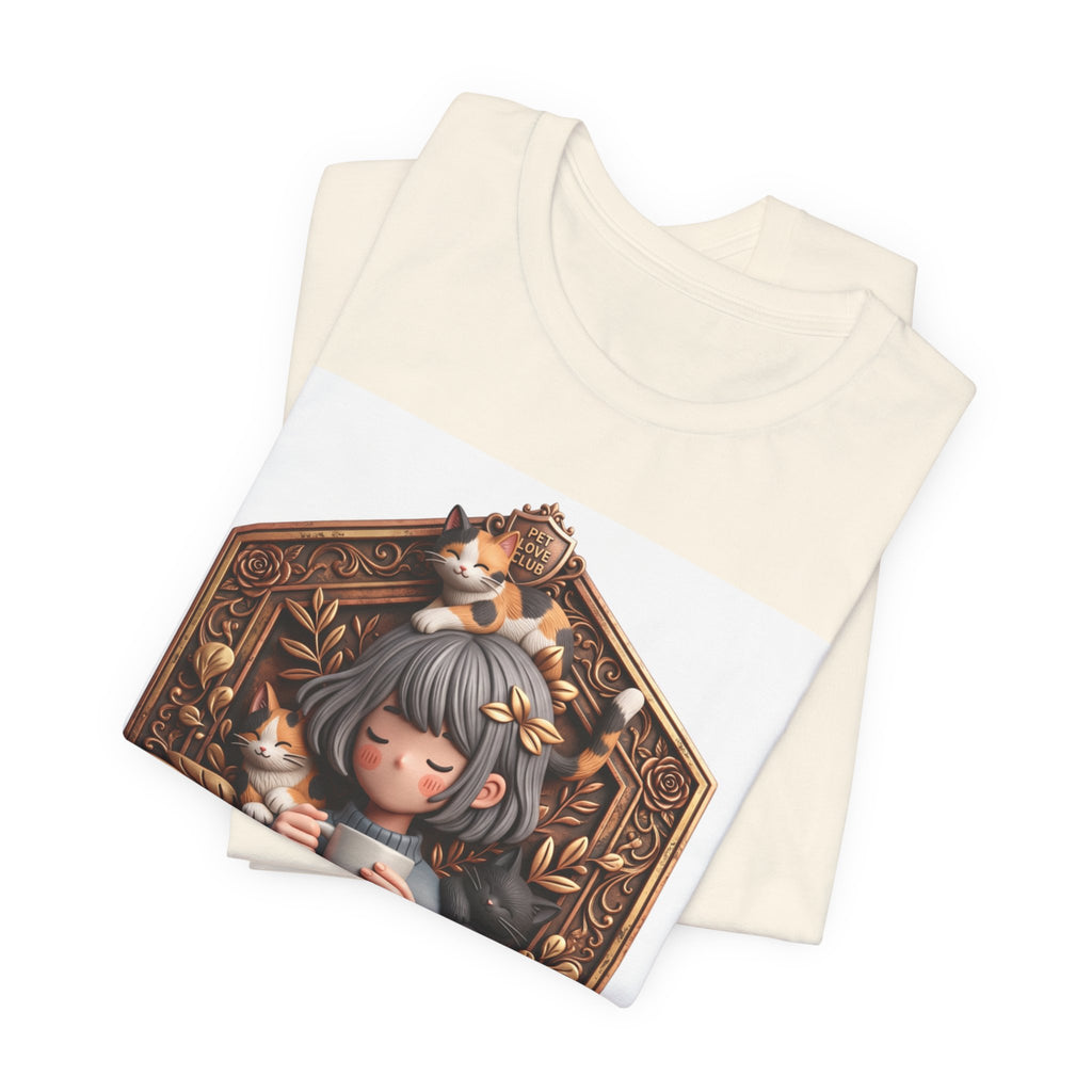 Your Little Magic tee: unisex Bella+Canvas 3001 with girl with cats badge print