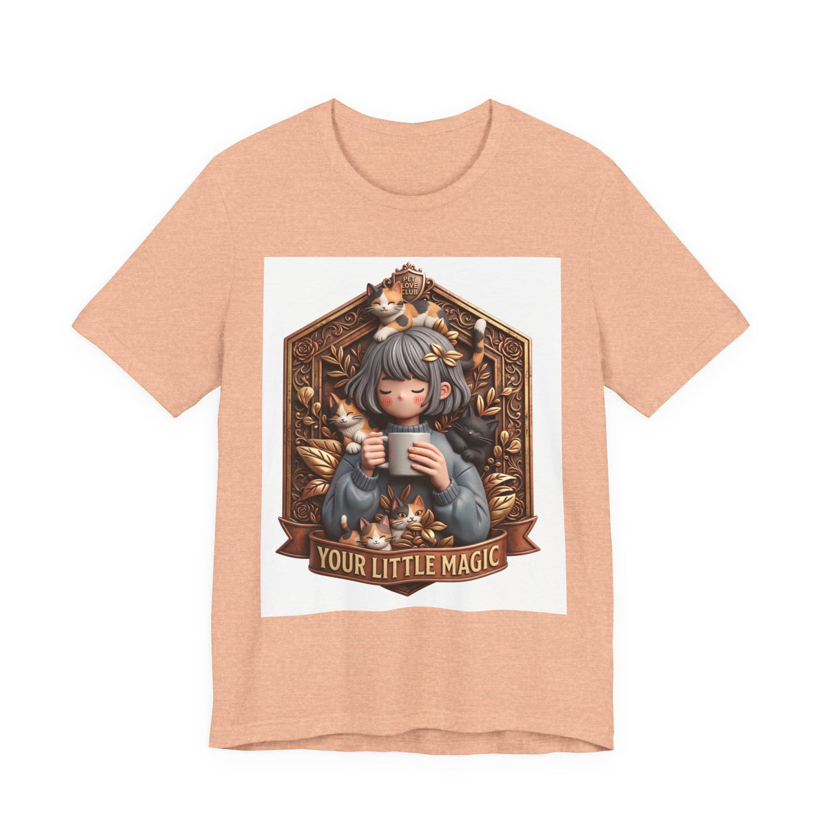 Your Little Magic tee: unisex Bella+Canvas 3001 with girl with cats badge print