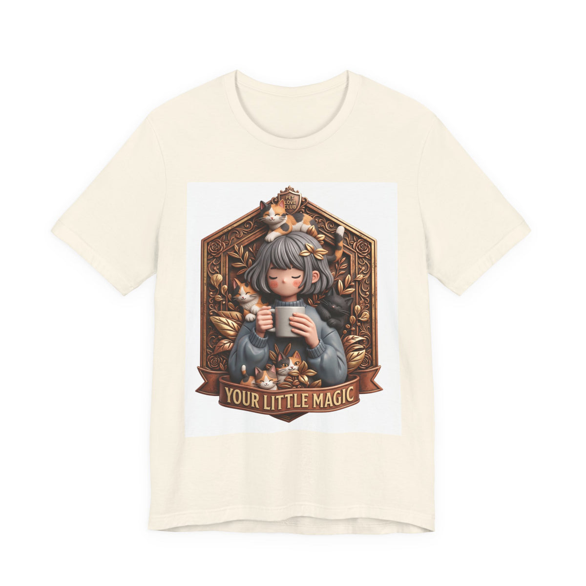 Your Little Magic tee: unisex Bella+Canvas 3001 with girl with cats badge print
